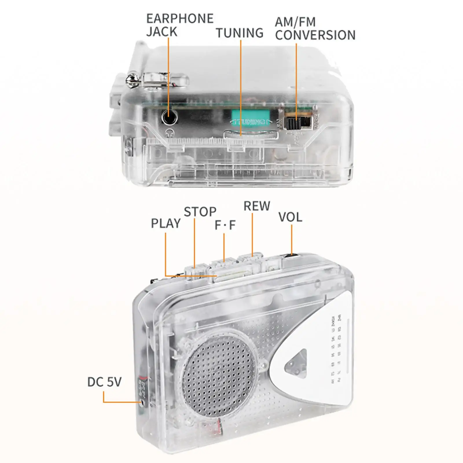 Cassette Player Portable External Speakers Durable Transparent Easy to Use with Headphones 120x39x85mm Walkman AM FM Radio