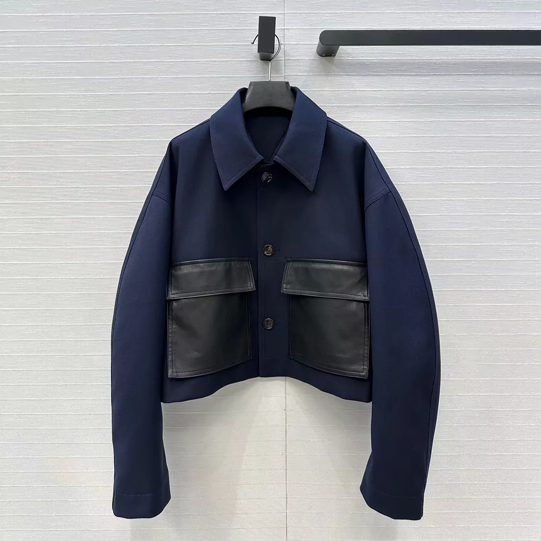 

2025 New Autumn Oversize Loose Casual Short Jacket Women Sheepskin Leather Pocket Lapel Long Sleeve Single Breasted Vintage Coat