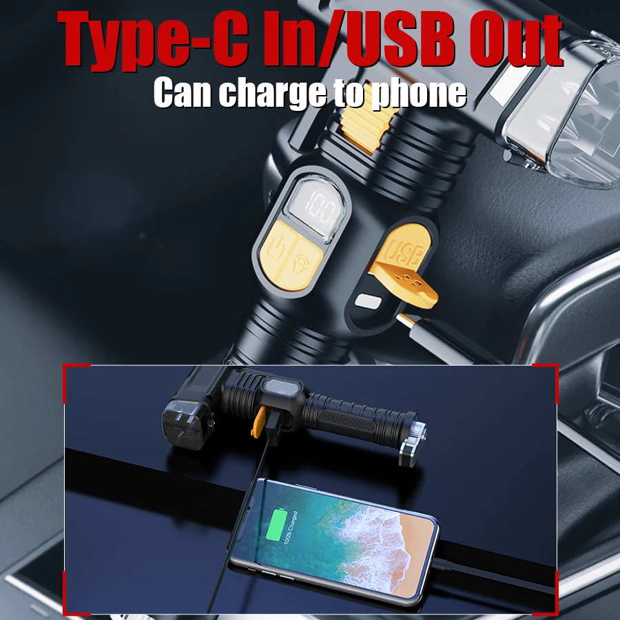 16-in-1 Broken Window LED Flashlight USB Rechargeable Zoom Flashlight Emergency COB Distress Signal Beeping Sound Security Torch view 4