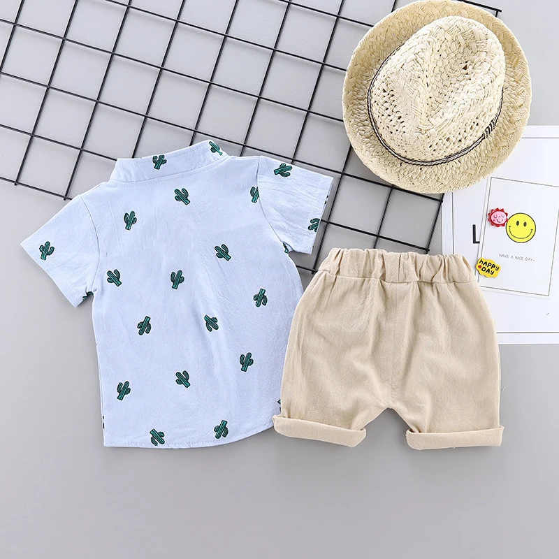 Infant and toddler summer full print cactus pattern short sleeved shorts set, outdoor standing collar shirt, fashionable two-pie