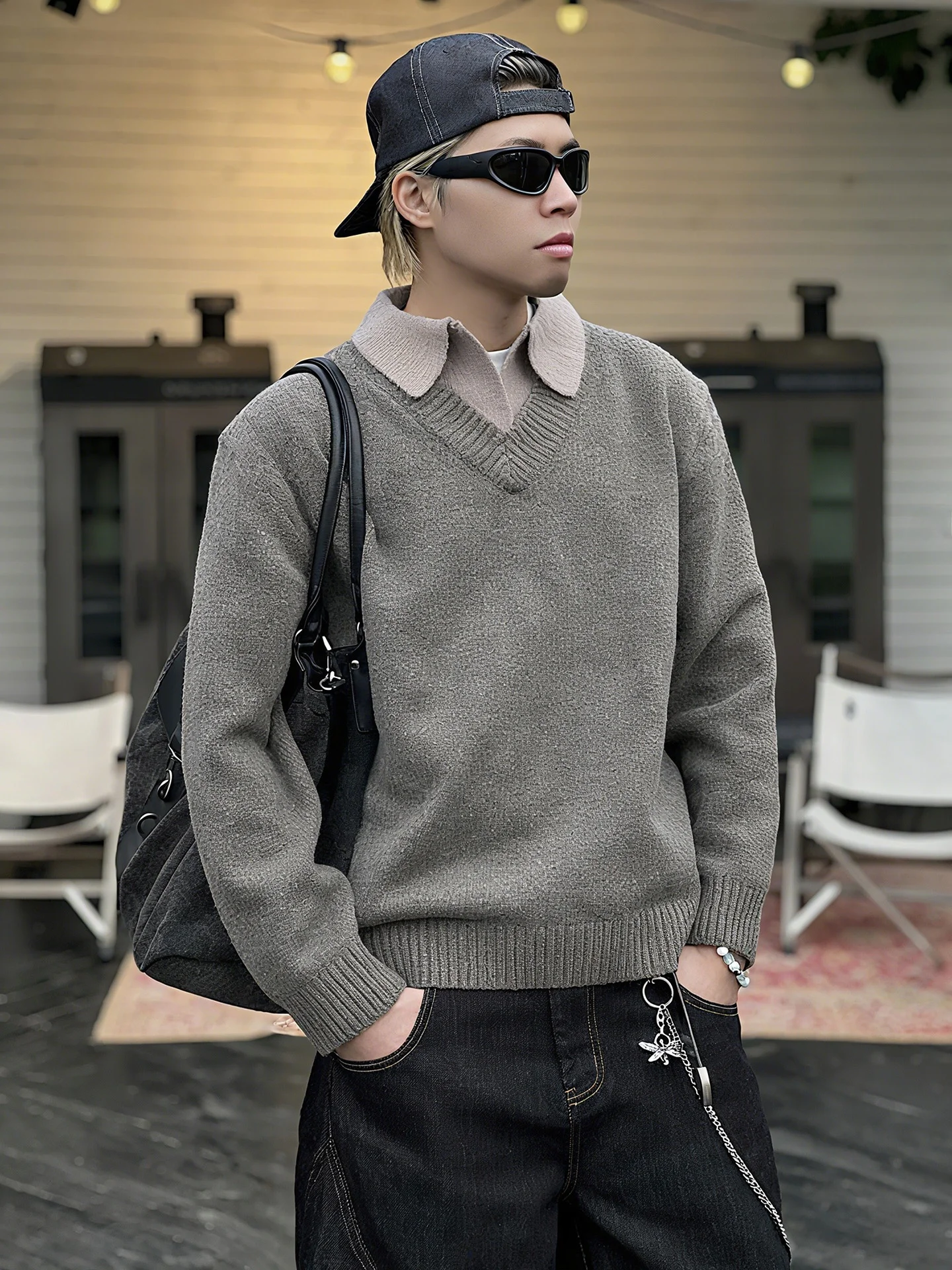 

Мужской вязаный свитер с V-образным вырезом, осенне-зимний, повседневный, модный, в стиле ретро, с утолщенным воротником, из смеси хлопка и полиэстера