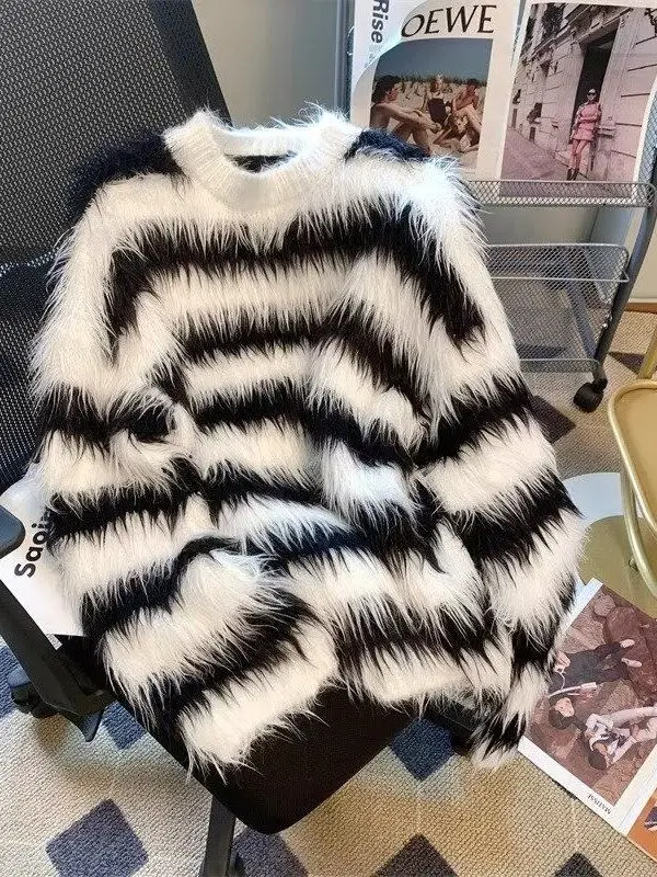 

Bla White Striped Color Blo Fake Fur Knitted Sweater Coat for Men And Women Autumn Winter Lazy Sle Couple's Outerwear
