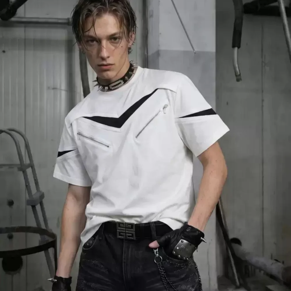 

Personality Deconstruction Design Spliced Contrast Color Zipper Decoration Loose Round Neck Unisex Short Sleeve T-shirts