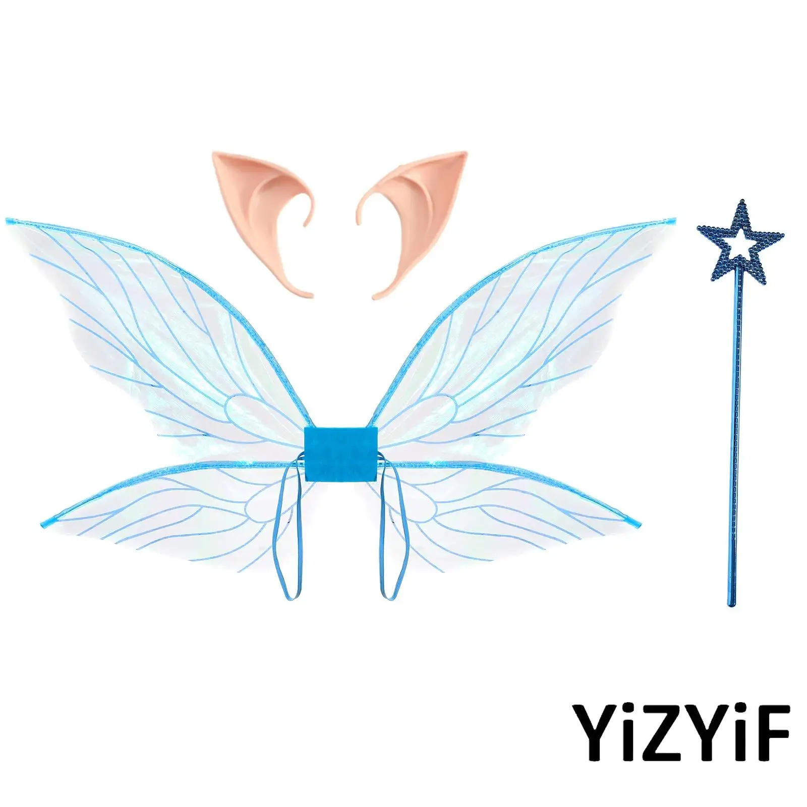 

Glitter Fairy Wings Costume Set with Elf Ears & Star Wand Adjustable Elastic Straps for Adults & Kids Halloween Cosplay Party