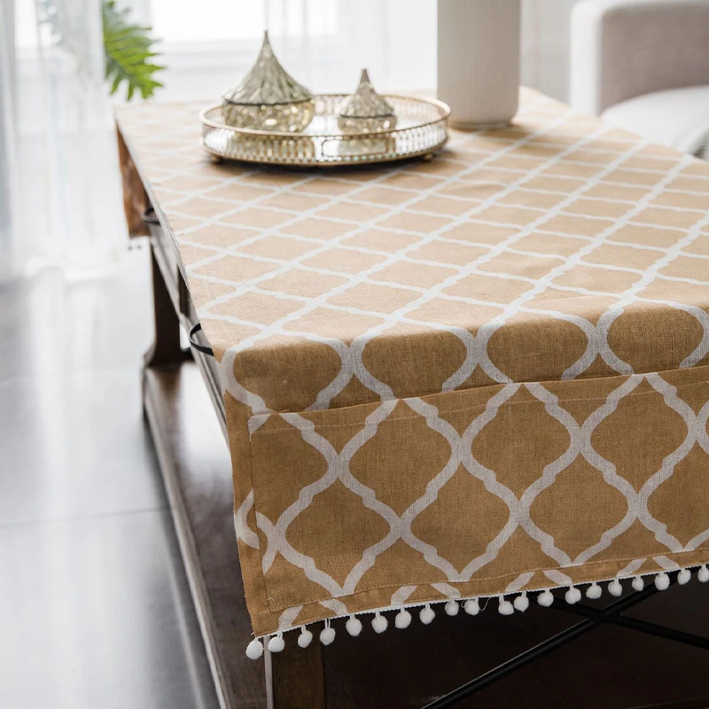 70x170cm Coffee Tea Table Cloth Cotton Linen Living Room TV Cabinet Multi-purpose Cover with Storage Bag Plaid Dining Tablecloth
