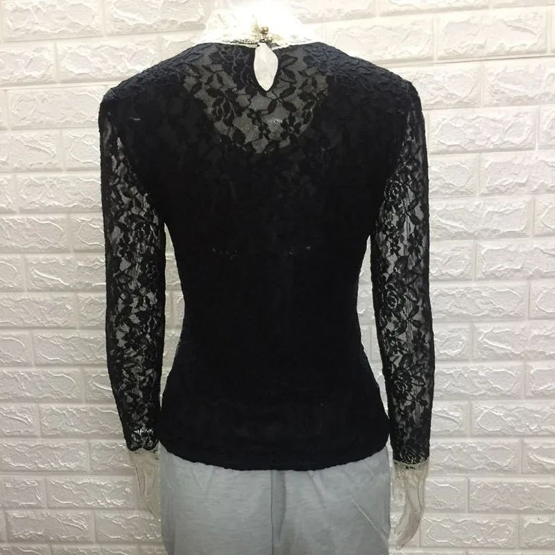 Black Lace Blouse Women 2023 Autumn Sexy Sheer Mesh Patchwork Embroidery Long Sleeve Pullover Shirt Office Lady Elegant Slim Top