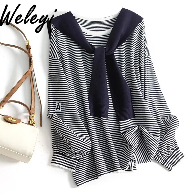 Shawl Two Piece Striped Base Knitted Sweater Autumn High End Temperament Loose Chic Round Neck Long Sleeve Cashmere Sweaters