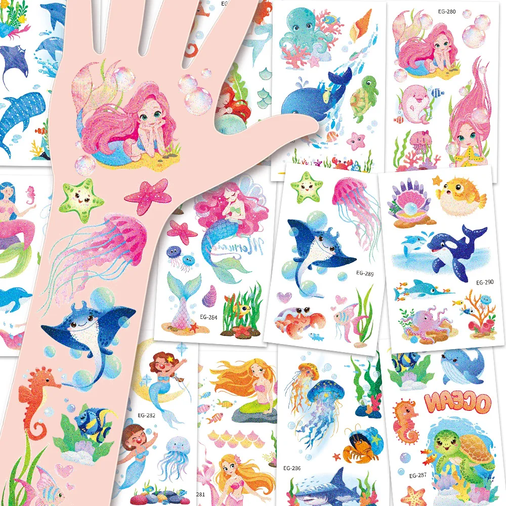 12 Sheets Glitter Pink Mermaid Temporary Tattoos, Glitter Magical Fantasy Creatures Whales Jellyfish Turtles Stickers, Gifts