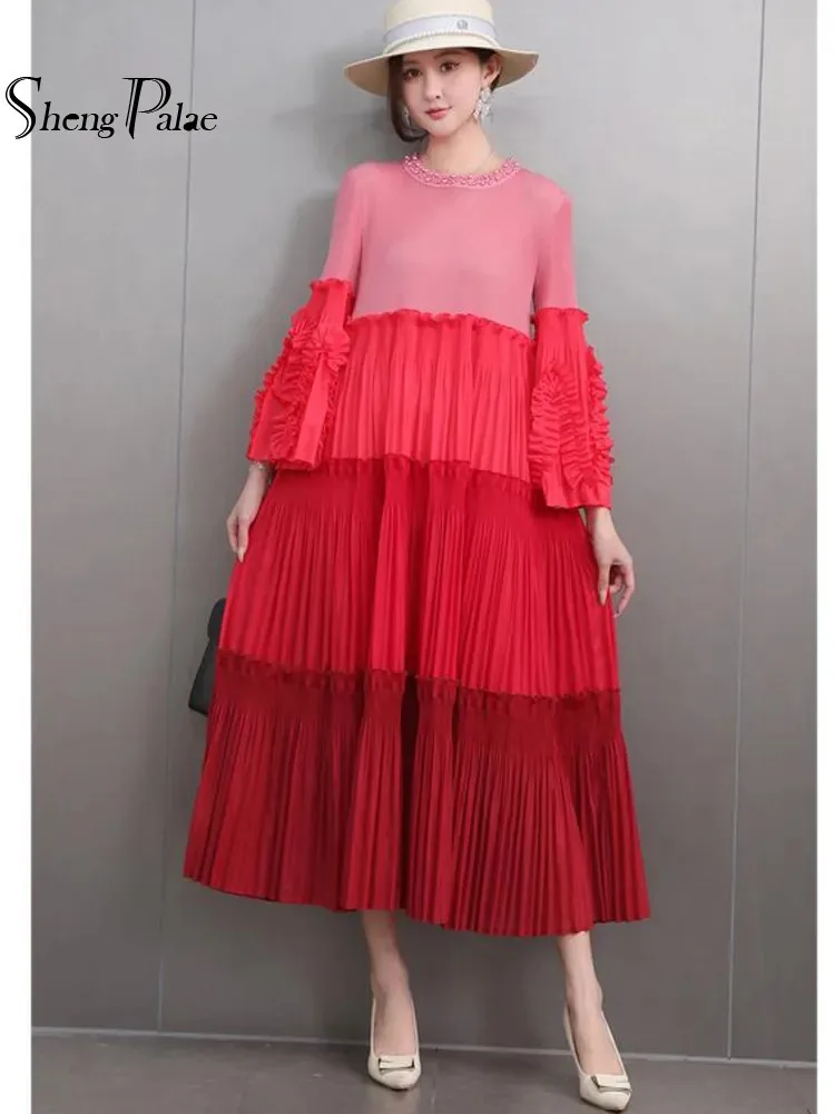 SHENGPALAE Fashion Gradient Spliced Large Size Dress Women O Neck Flare Sleeve A Line Loose Casual Clothing 2025 New 5ZD1141