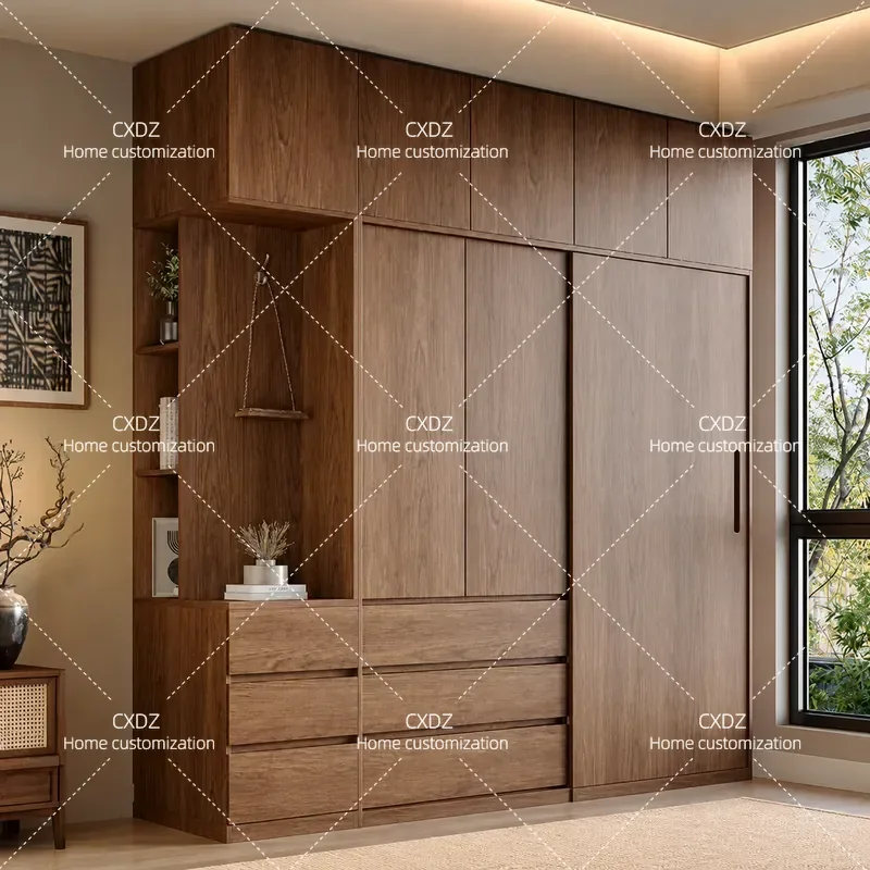 Solid Wood Oak Wardrobe with Sliding Doors Bedroom Storage Cabinet for Small Apartment Rental Room Home Furniture