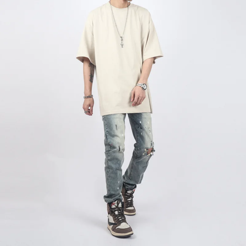 High Street Washing Make Old Blue Splash-ink Retro Ripped Jeans Male Slim Pencil Pants Full Length Denim Trousers Streetwear Men