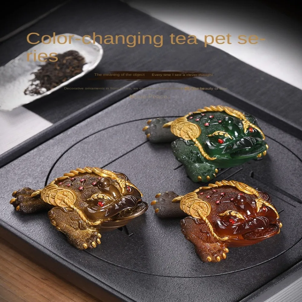 Cute Resin Golden Toad Tea Pet Gold Red Color Changing Tea Pet Tea Tray Green Lucky Water Tea Pet Tea Pet Ornaments