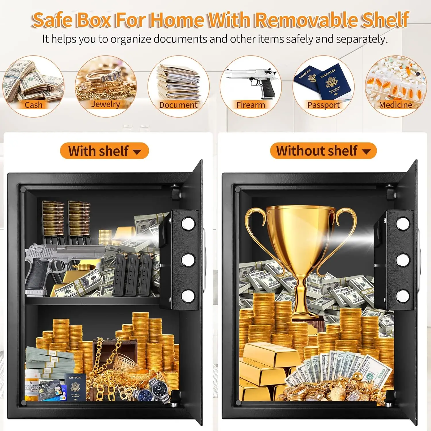 3.0 Cub Large Fireproof Safe Box for Home Use, Anti-Theft Home Safes Fireproof Waterproof, Money Safe for Home with Fireproof Ba