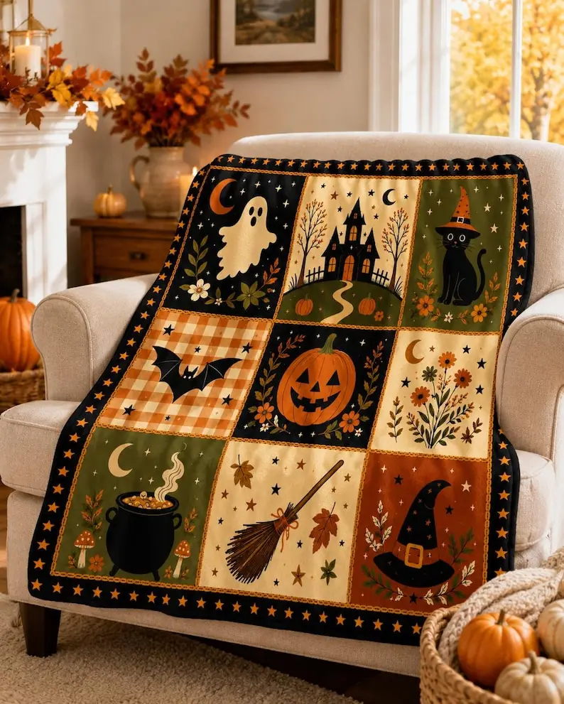 Vintage Halloween Patchwork Throw Blanket, Retro Ghost Pumpkin Witch Black Cat Flannel Blanket, Spooky Fall Autumn Home Decor,Halloween Gift