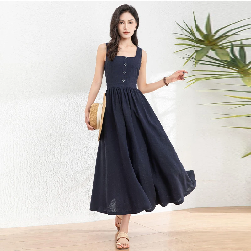 Women's Linen Vintage U-Neck Sleeveless Off-Shoulder Pinafore Dress Cool Summer Slip Dress 2026