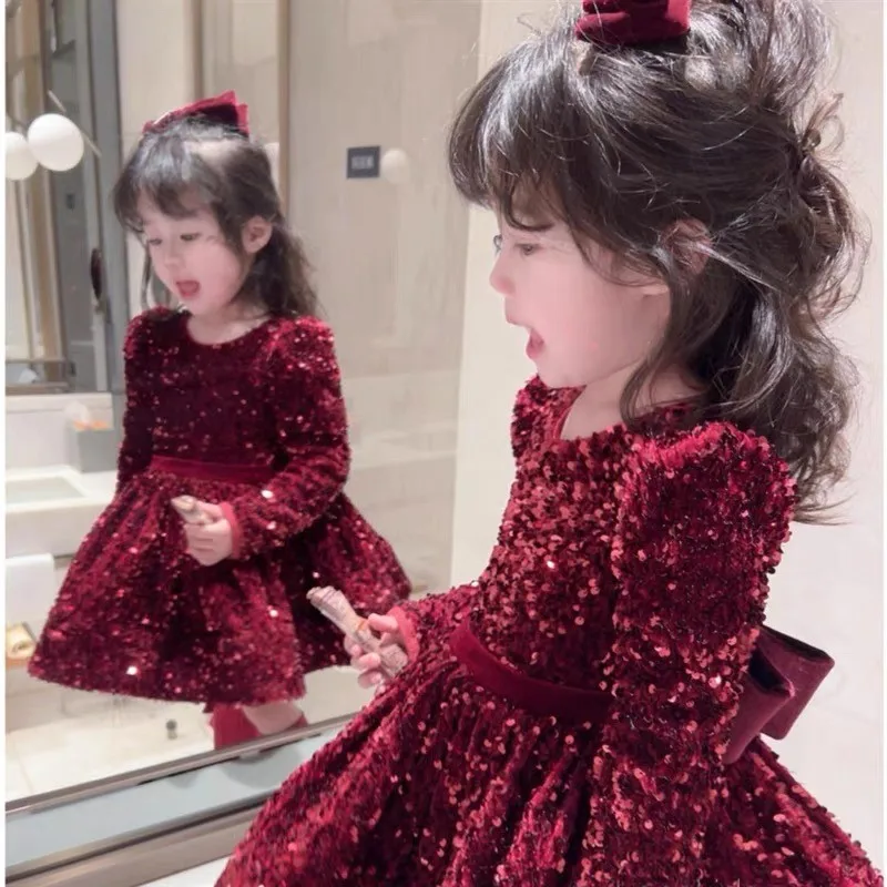 Baby Girl Long Sleeve Sequins Dress Infant Toddler Teen Child Vestido Party Birthday Christmas New Year Baby Clothes 1-14Y