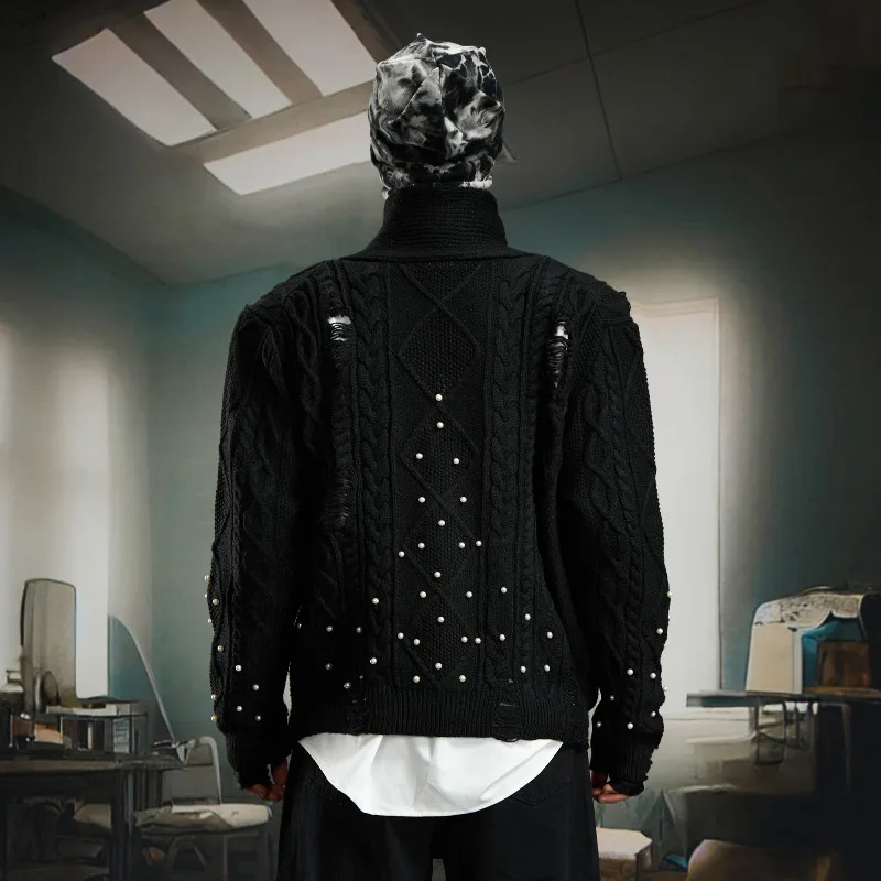 MWJLPWQ ビーズ装飾 ダメージ加工 ニッチデザイン 高密度ボタンニット カーディガン ターンダウンカラー セーター 秋 12541
