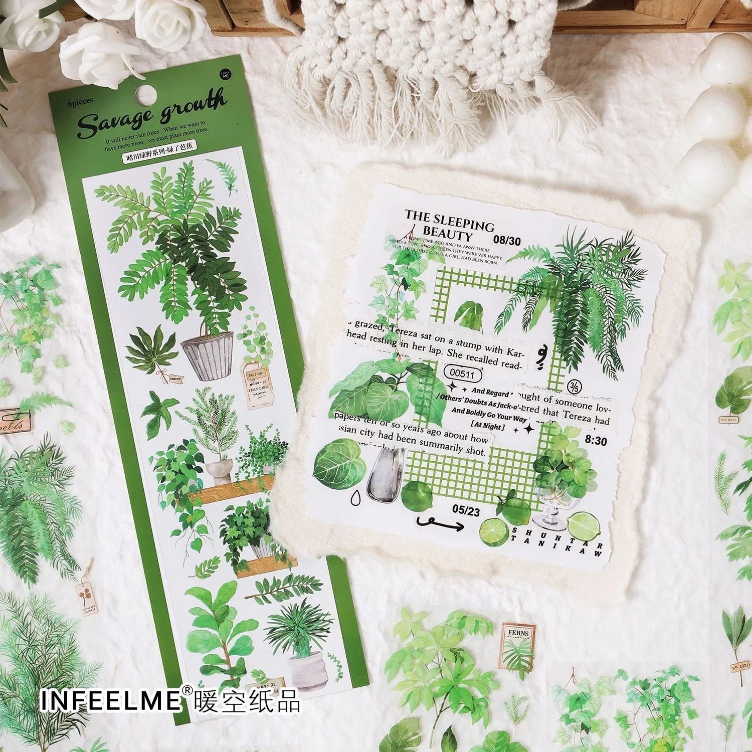 6 Sheets Fresh Green Plant PET Stickers For Scrapbooking DIY Decorative Material Collage Journaling