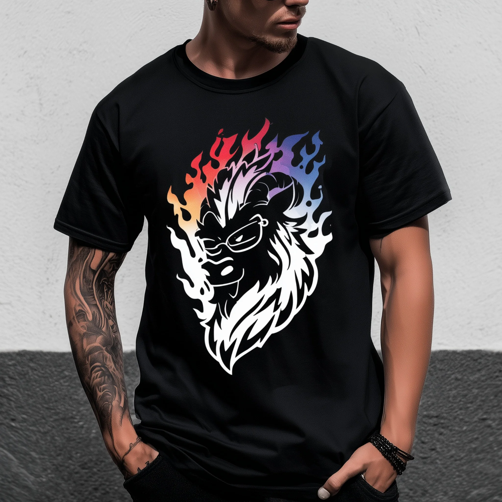 

Teevo Men's Short Sleeve T-Shirt Colorful Flame Tribal Skull Print Casual Streetwear Daily Wear
