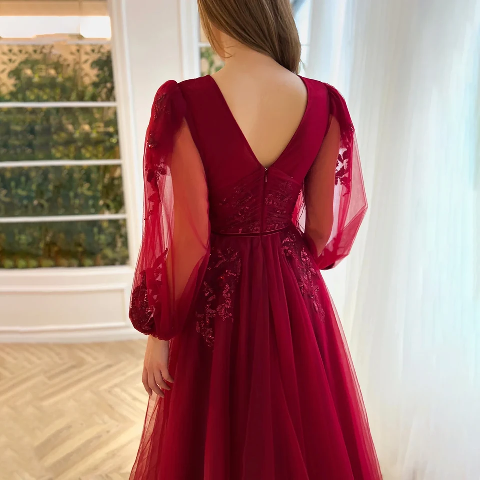 Gaun Malam Formal Applique Renda Lengan Bengkak Burgundy Kustom 2025 Gaun Prom Pesta Panjang Panjang Selantai Tulle untuk Wanita