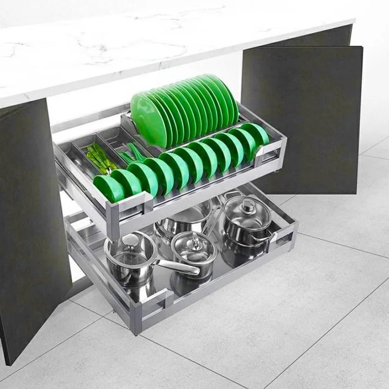 

Kitchen 201 Stainless Steel Double-layer Four-sided Basket Buffer Drawer Kitchen Cabinet Multifunctional Dishes BasketPot Baske