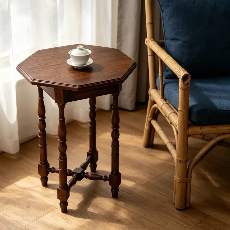 Retro Solid Wood Octagonal Table Chinese Style Small Dining Table for Apartment Living Room Courtyard Leisure Storage