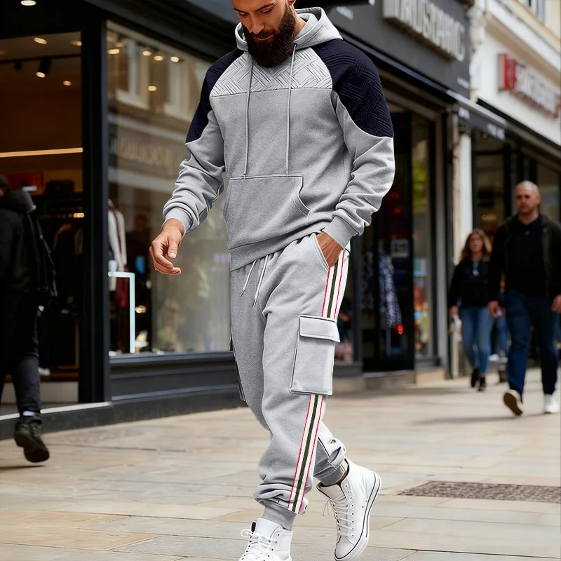 

Men's Contrast Raglan Hoodie And Cargo Joggers Set Winter Heavyweight Fleece Casual Outdoor Tracksuit