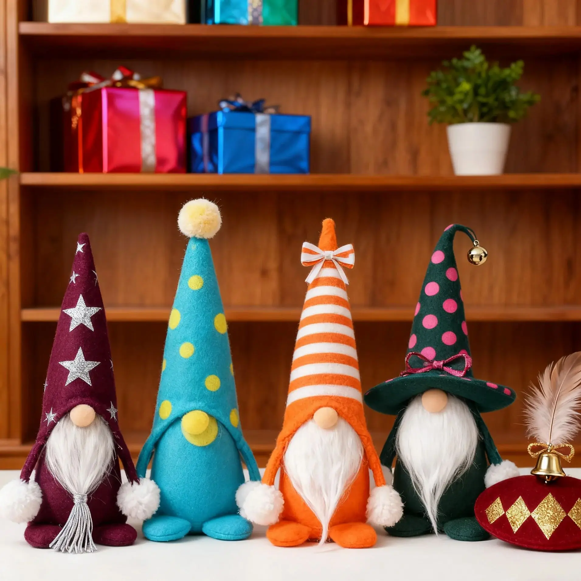 Christmas Decoration Polka Dot Knitted Hat Sitting Faceless Doll, Christmas New Year Hotel Window Ornaments Home Decoration Gift