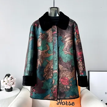 2024 여성 꽃무늬 프린트 양털 코트, 중간 길이 재킷, 대형 사이즈, JT463, 겨울 신상