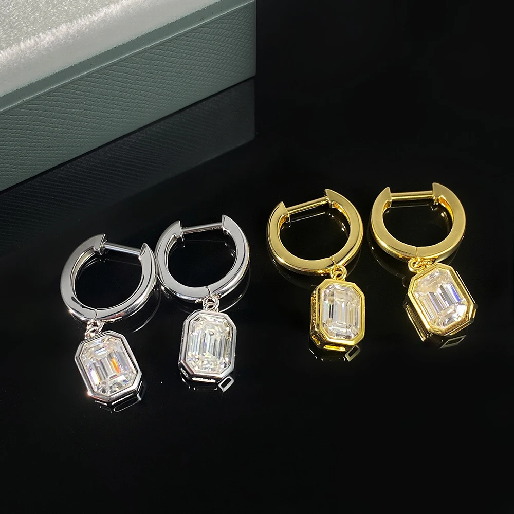 

1-2ct Emerald Cut Moissanite Drop Earrings D VVS Solitaire Bezel Set Moissanite Earrings for Women S925 Silver Wedding Jewelry