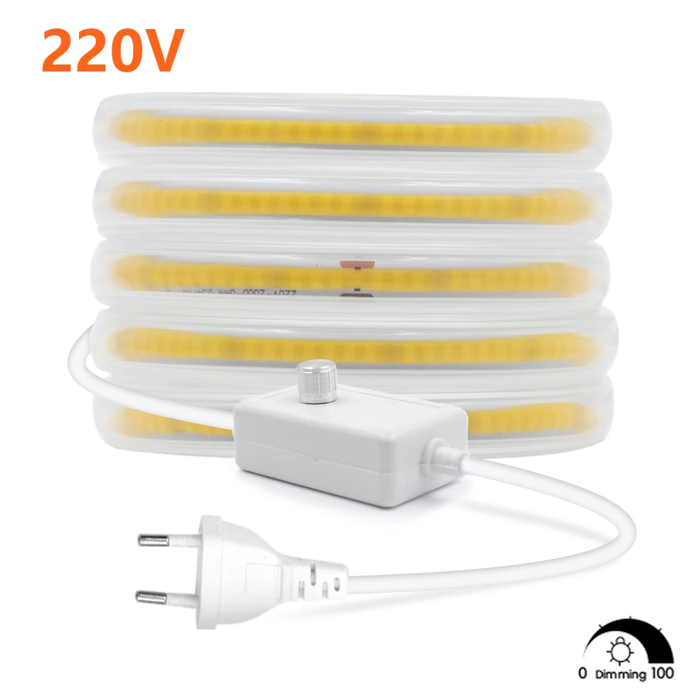 

220V Switch COB LED Strip Light Dimmable Super Bright Flexible Waterproof Warm White Natural 288Leds EU Power Plug Room Lighting