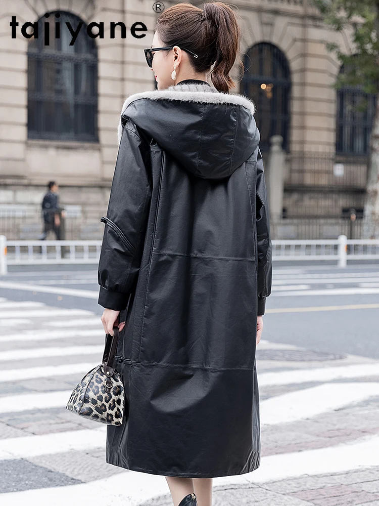 TAJIYANE 100% جلد البقر أوزة أسفل معطف طويل الجلد الحقيقي سترة منفوخة المرأة مع قبعة من المينك الشتاء ملابس خارجية ملابس امرأة 2025