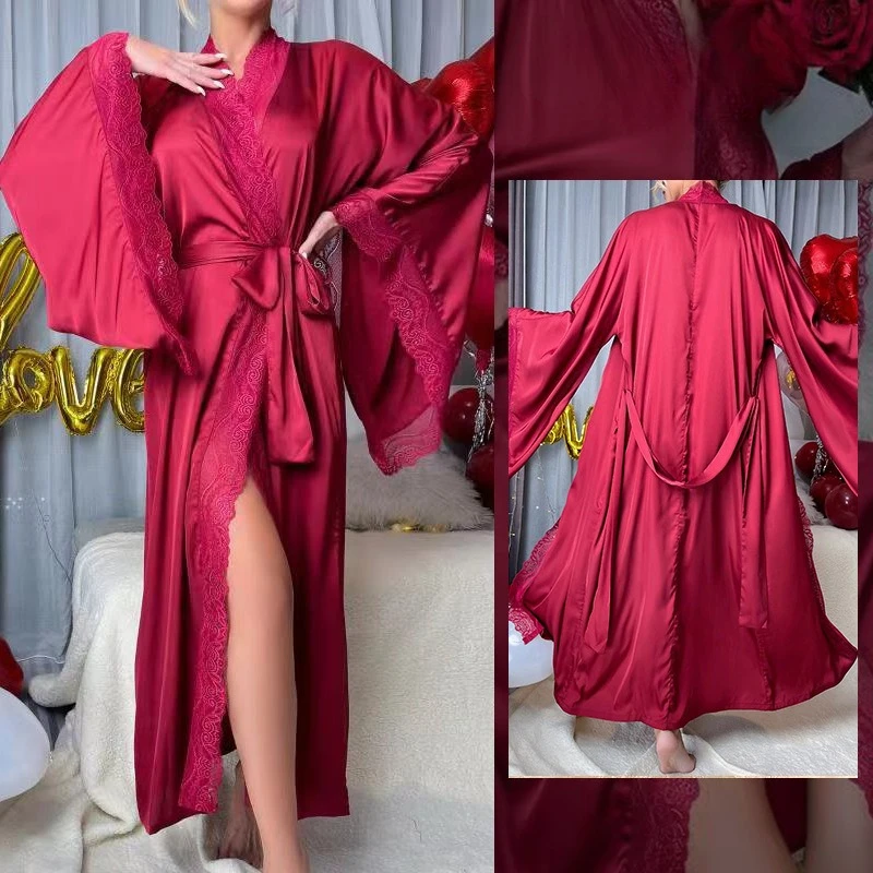 مثير المرأة كيمونو رداء الدانتيل المشذبة الساتان ثوب النوم الزفاف الزفاف ملابس خاصة حزام قابل للتعديل ملابس مريحة