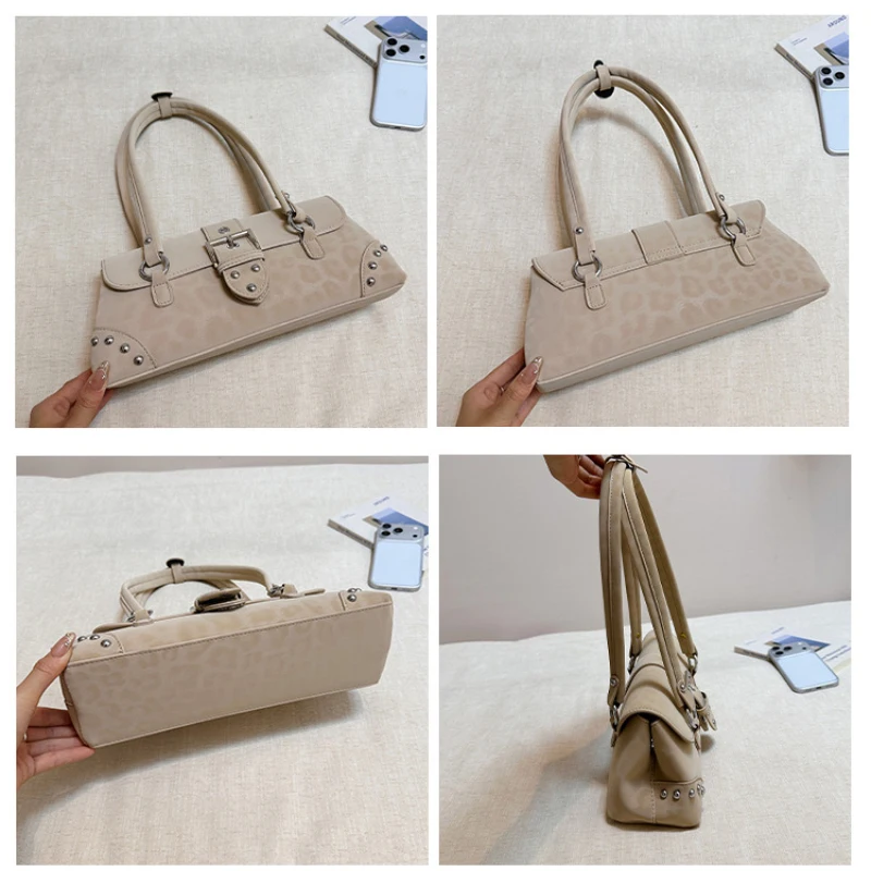 Leopardenmuster-Nieten-Unterarm-Schultertasche, Damen Vintage-Handtasche mit Schnallendesign, Y2k Mädchen Mode Party Retro Metall-Nieten-Handtasche – Detail 8