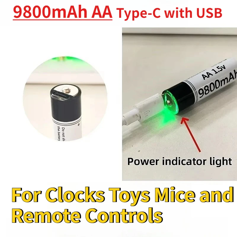 

1.5V 9800mAh AA Type-C with USB battery Rechargeable Lithium ion Batteries for Clocks Toys Mice and Remote Controls