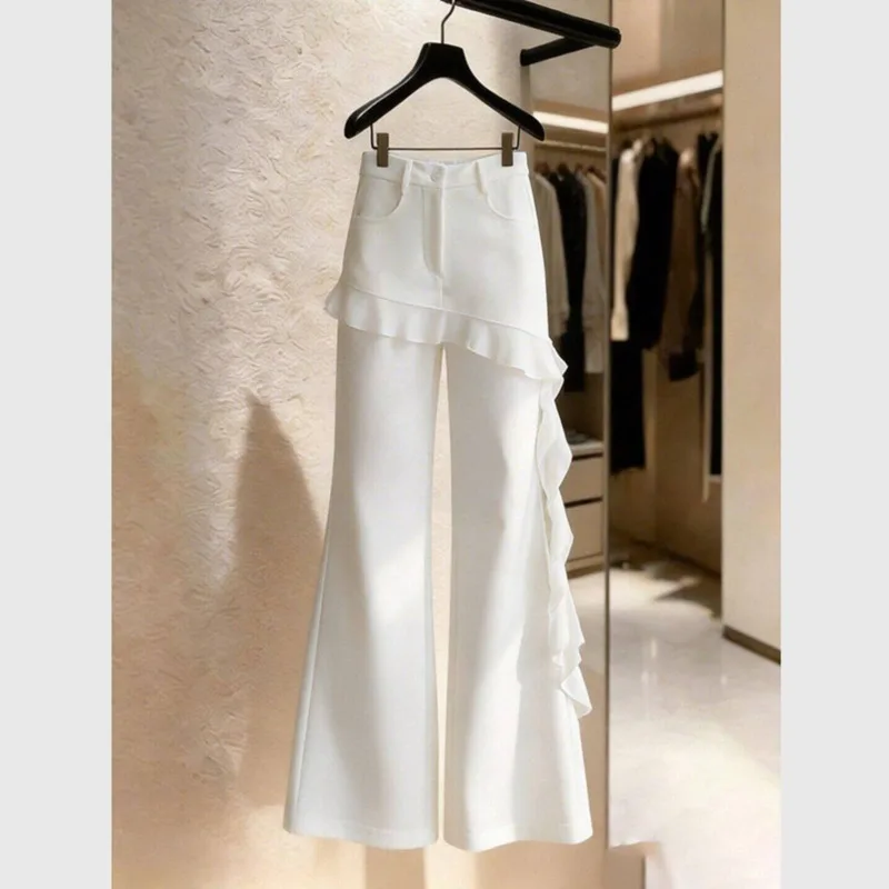 New Fashion Ruffles Trousers Women Summer High Waist Thin Casual White Thin Work Flounced Edge Flare Pants Elegant