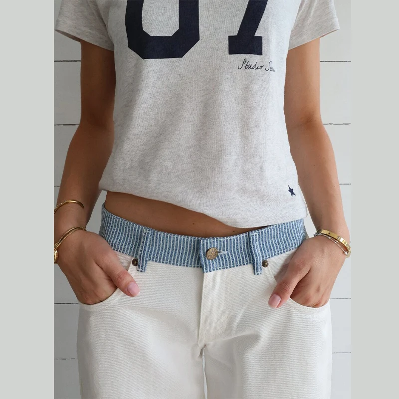 Women's Contrast Waistband White Wide Leg Jeans Low Rise Baggy Denim Pants Loose Fit Trousers Lady Date Commuter Casual Clothes