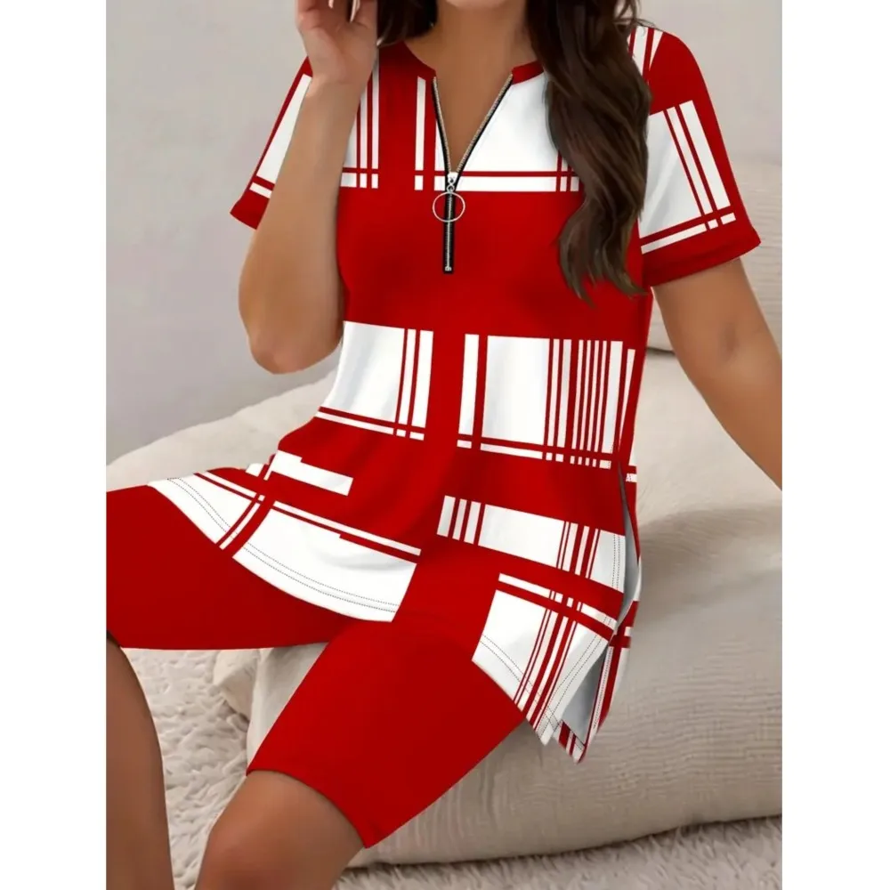Estate nuove donne alla moda vestito con cerniera decorazione camicia stampata a righe Top + camicie abiti larghi casual set in due pezzi abbigliamento per la casa