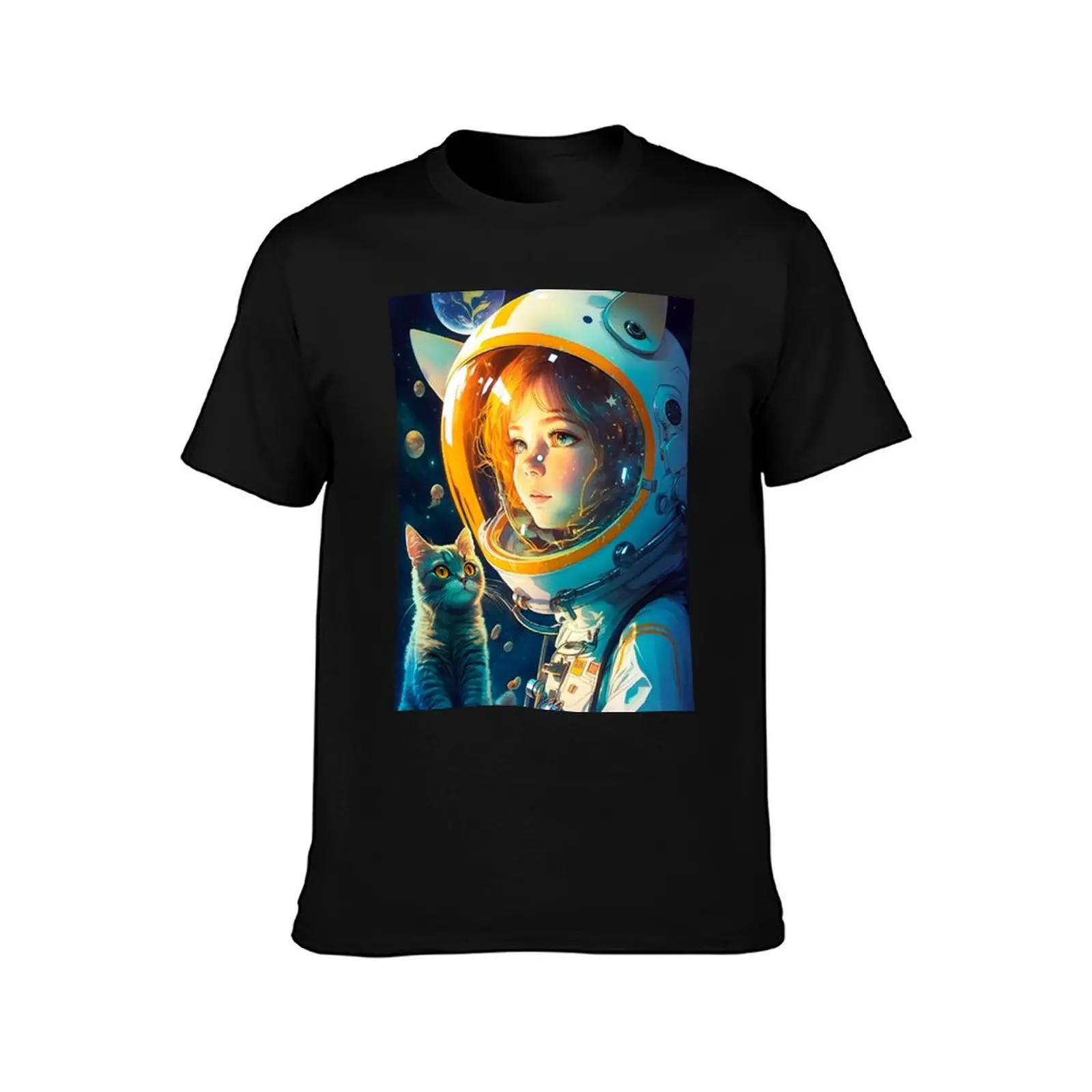 Girl & Сat in Space Fantastic Anime Retro 70s T-Shirt All Match Print Short Sleeve Top T-Shirt