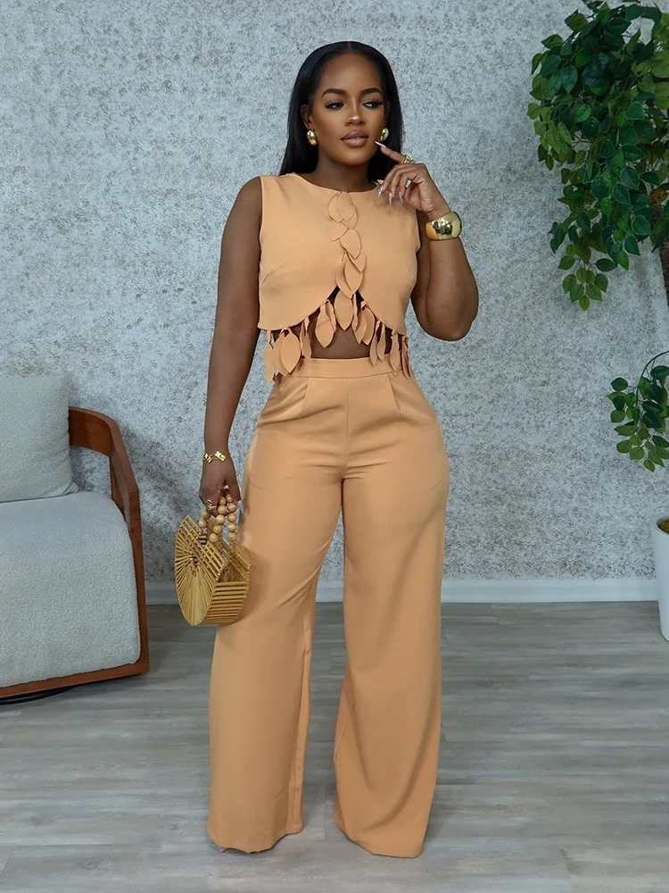 

Sister Star Women's Suit Fashion Solid Color Round Neck Casual Sleeveless Sexy Top with Slim Pants Commuter Two-piece Set