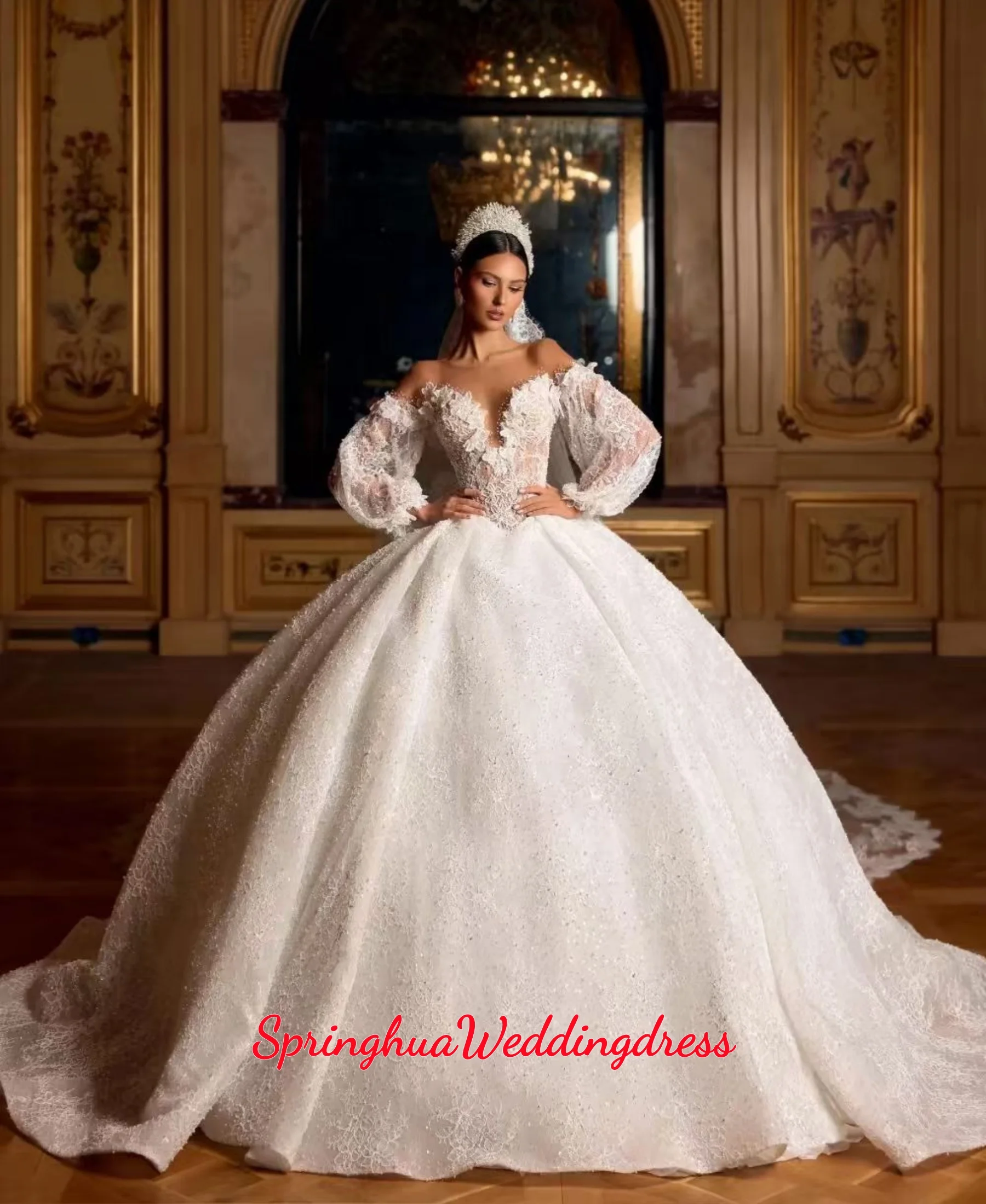 Customized  Romantic Off Shoulder Floral Wedding Dress Puff Sleeve Bridal Dress Enchanting Glitter Bridal Gown Vestidos De Novia