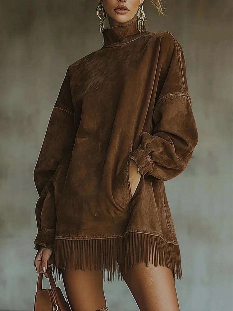 

Suede Tassel Mini Dress High Neck Long Sleeve Pockets Fringe Hem Dress Loose Casual Chic Retro Autumn Party Dress
