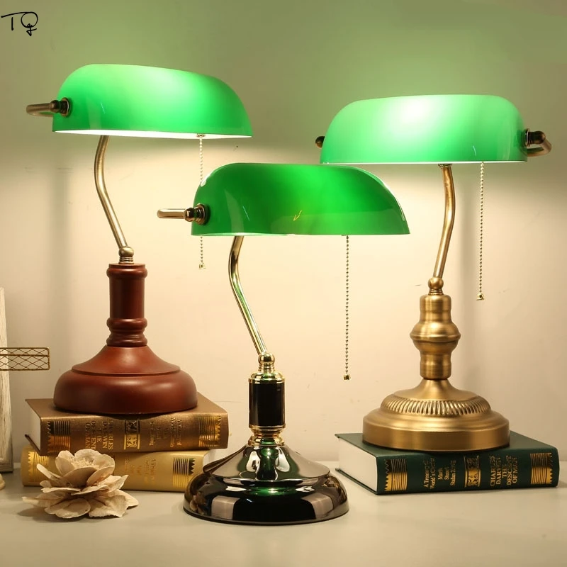 

Industrial Retro Vintage Bank Table Lamps with Pull Switch Bedroom Bedside Desk Lights Green Lampshade Study Reading Background