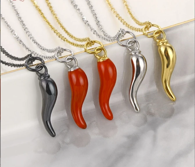 Gold Plated 316L Stainless Steel Red Enamel Chili Pepper Pendant With Link Chains Women Men Jewelry