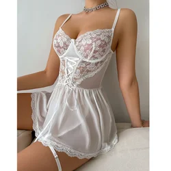 Sexy Lingerie Jurk Vrouwen Kant Patchwork Nachthemd Halter Homestay Pyjama Corset Jurk Bloemen Liefde Slaap Jurk