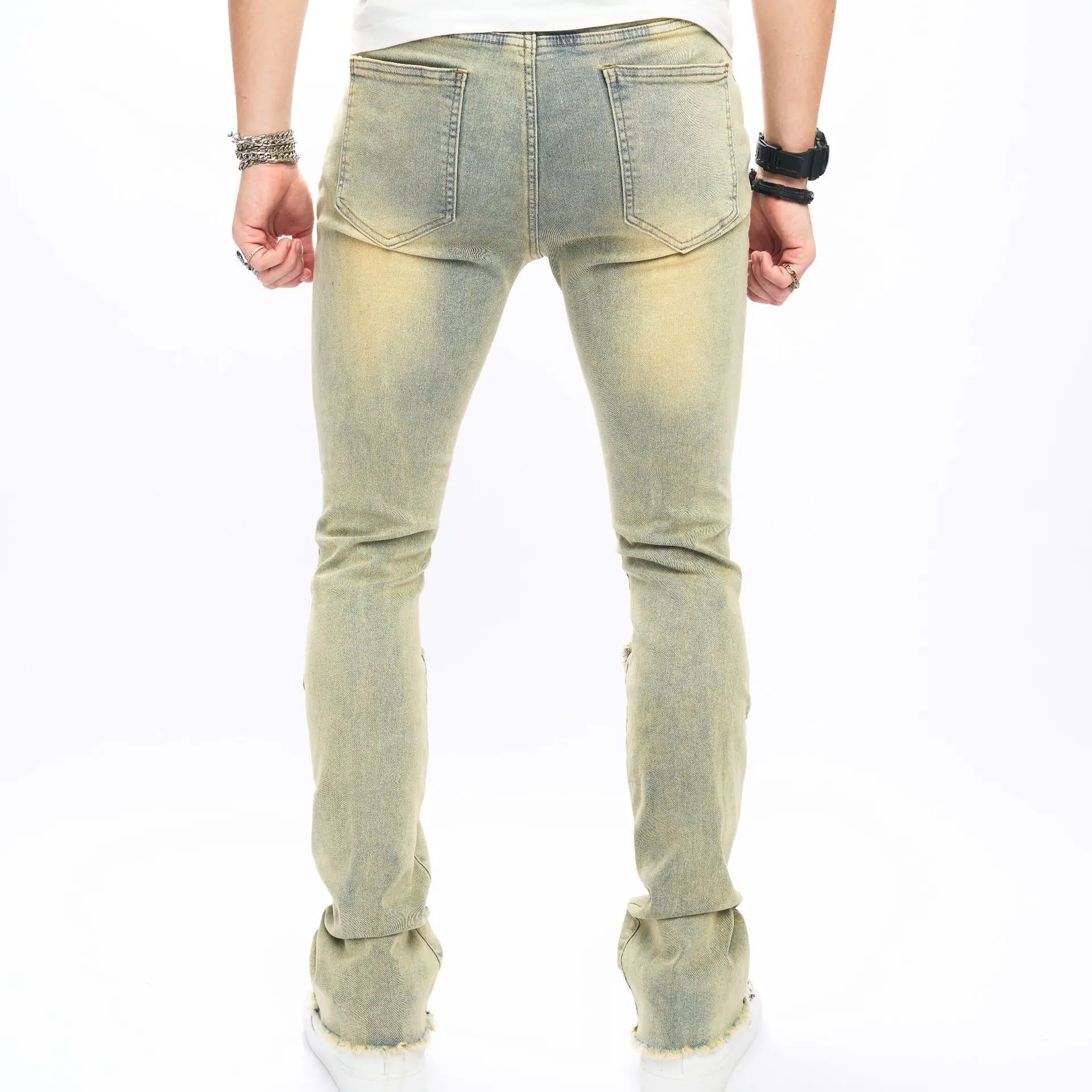 New Retro And Old Washed Jeans Men's Ripped Rough Edge Slim-fit Elastic Pants