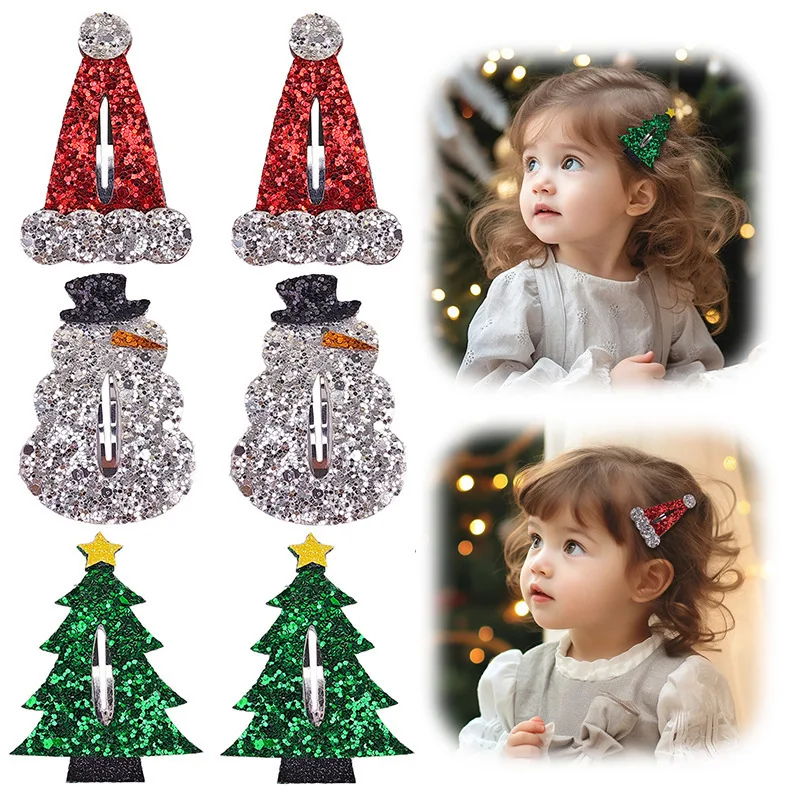 1 Piece Girl Infant Hair Accessories Christmas Tree Snowman Hat BB Clip Hairpins Glitter Edge Clip Tiara Headwear