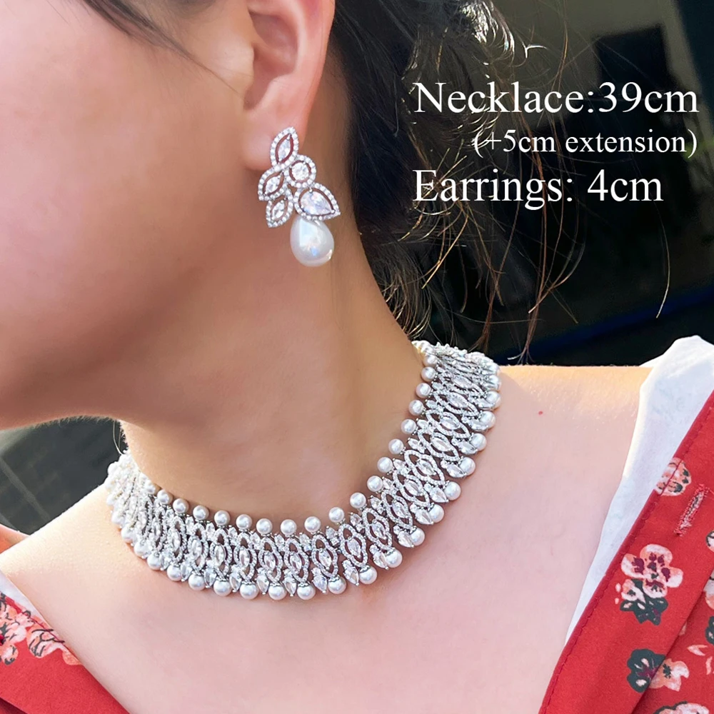 BeaQueen Luxury Costume Jewelry Sets for Women Wedding Heavy Stone Work White Cubic Zircon Big Pearl Necklace and Earrings JS408