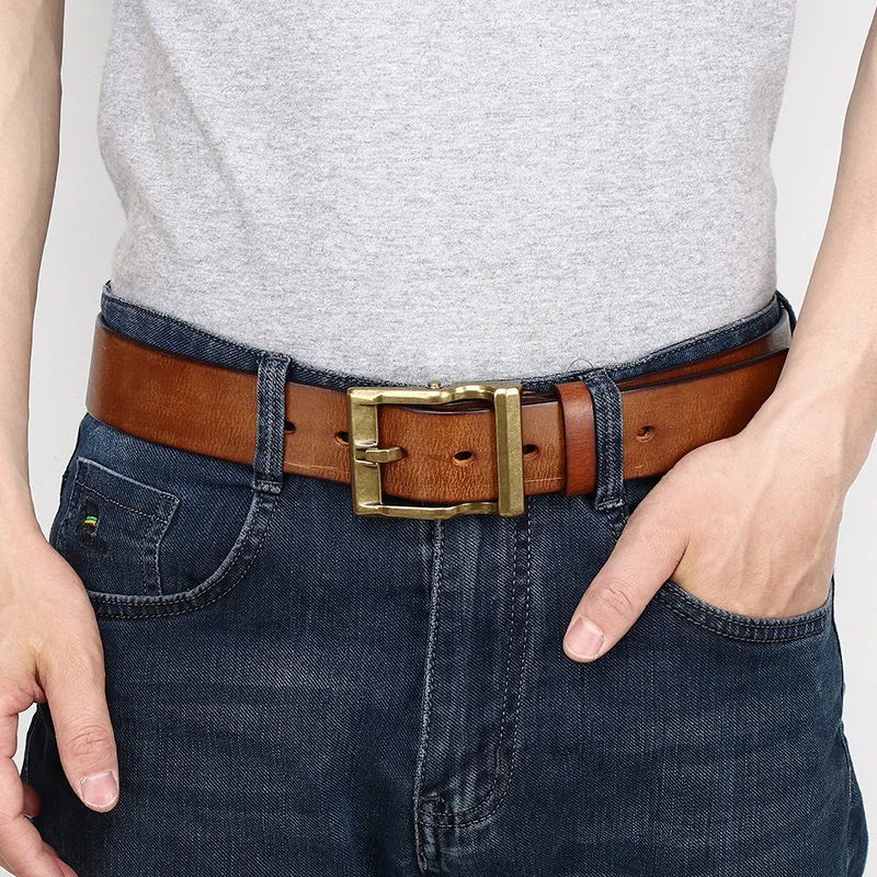 Thick Cowhide Copper Buckle Genuine Leather Casual Jeans Belt Men High Quality Retro Luxury Male Strap Designer Leather Belts