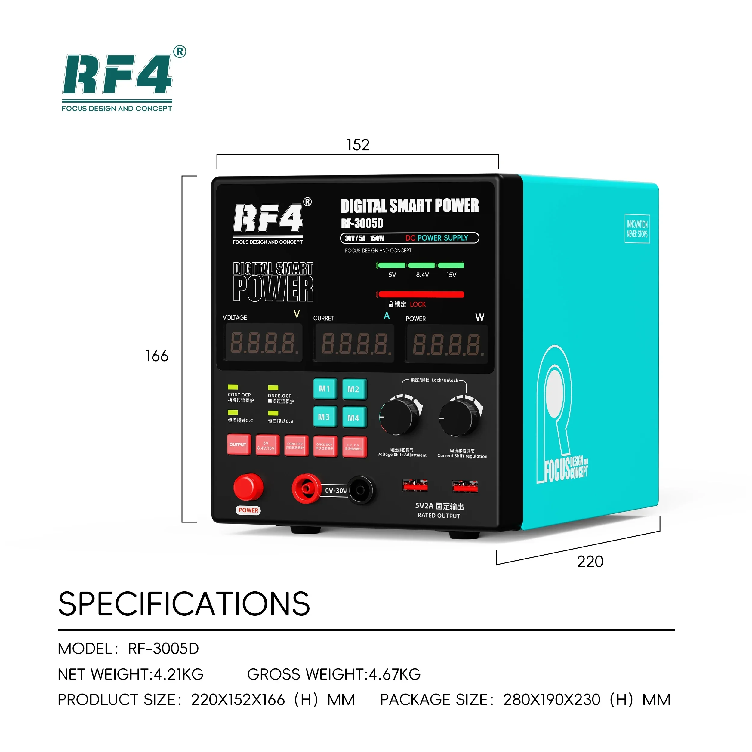 RF-3005PRO/D Digital Smart Power Meter 30V5A 150W Mechanical Instrument With A /MA Automatic Range Switching Function Tool